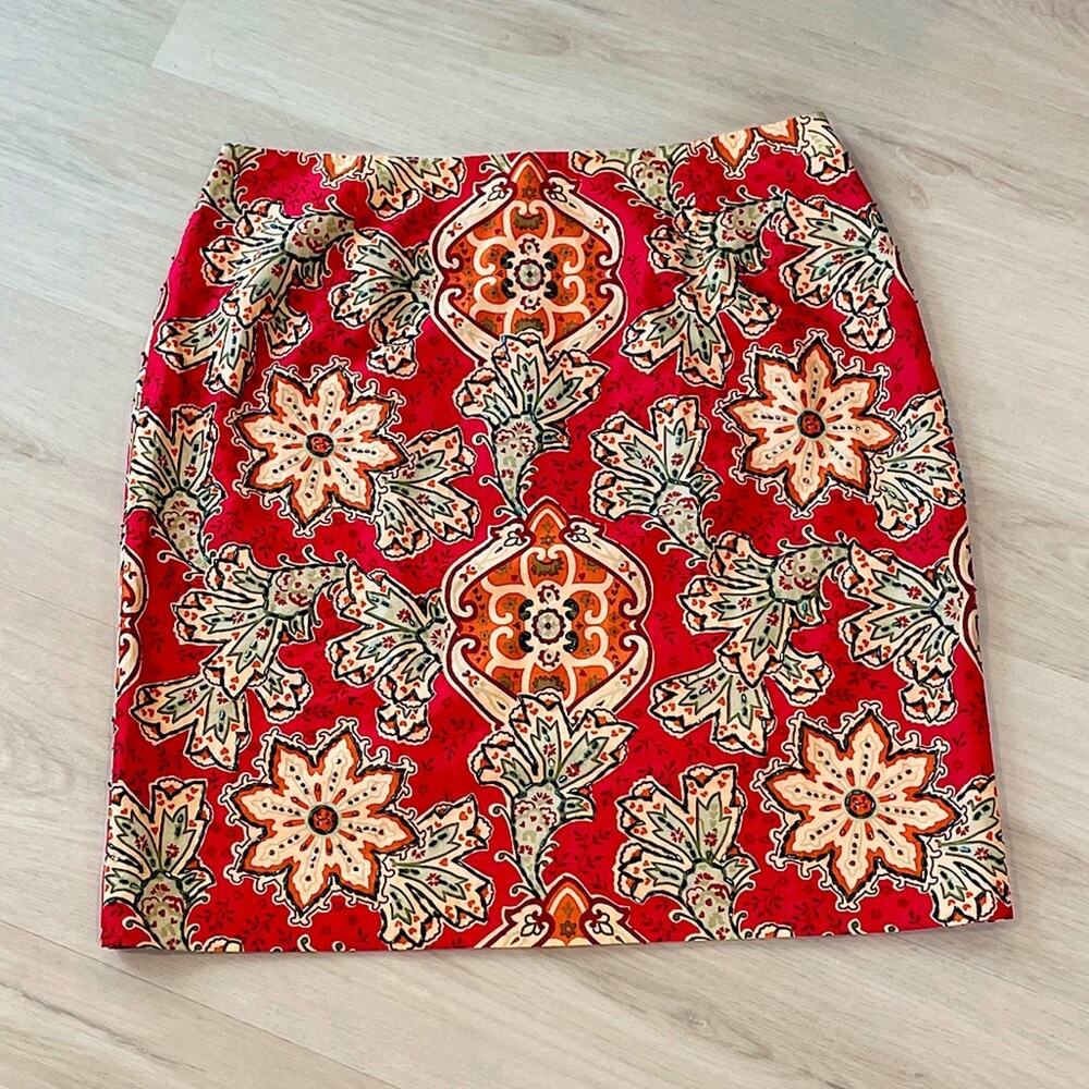 Muse Geometric Print Beaded Pencil Skirt Red Green Yellow Size 12 EUC